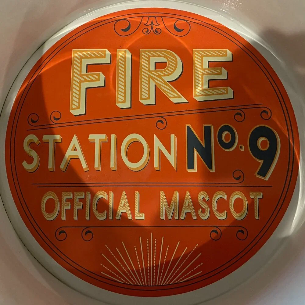 Enameled firehouse-themed large pet food .bucket. NWT